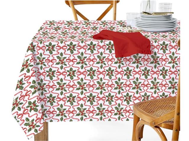 COTTON TABLE CLOTH (52"  X  72") (HOLLY & BOWS)